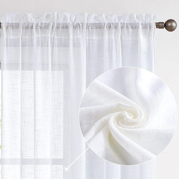 White Weave Sheer Curtains, 2 Panels @ 52"W x 108"L, Rod Pocket or Back Tab - Picture 2 of 9